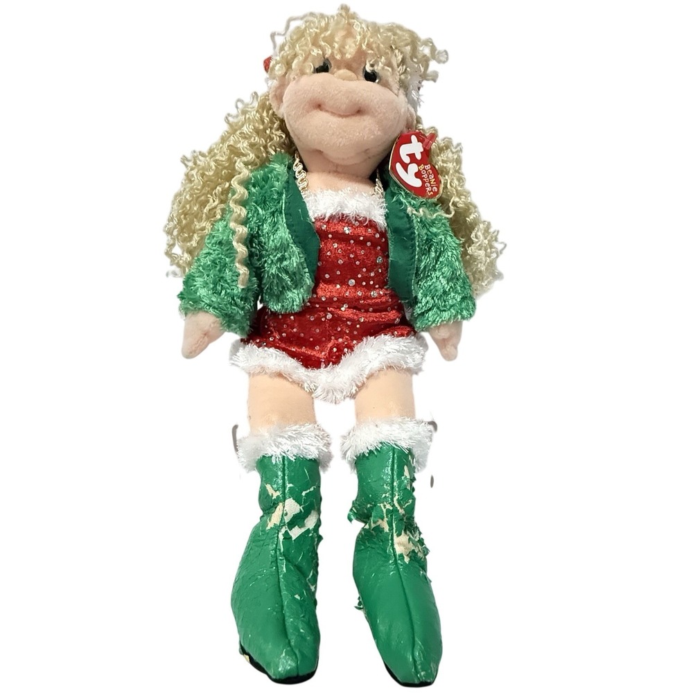 Ty Beanie Boppers Christmas Carol Blonde Doll Sequin Dress Green Boots 2002 *